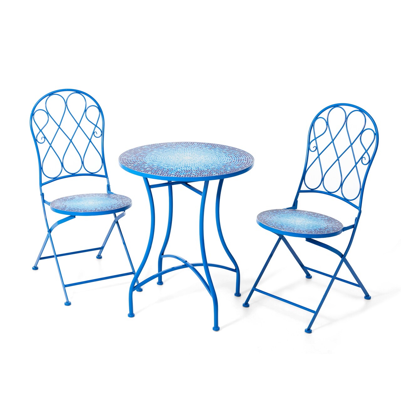 Set of 3 Outdoor Metal and Ceramic Tile Blue Folding Bistro Set